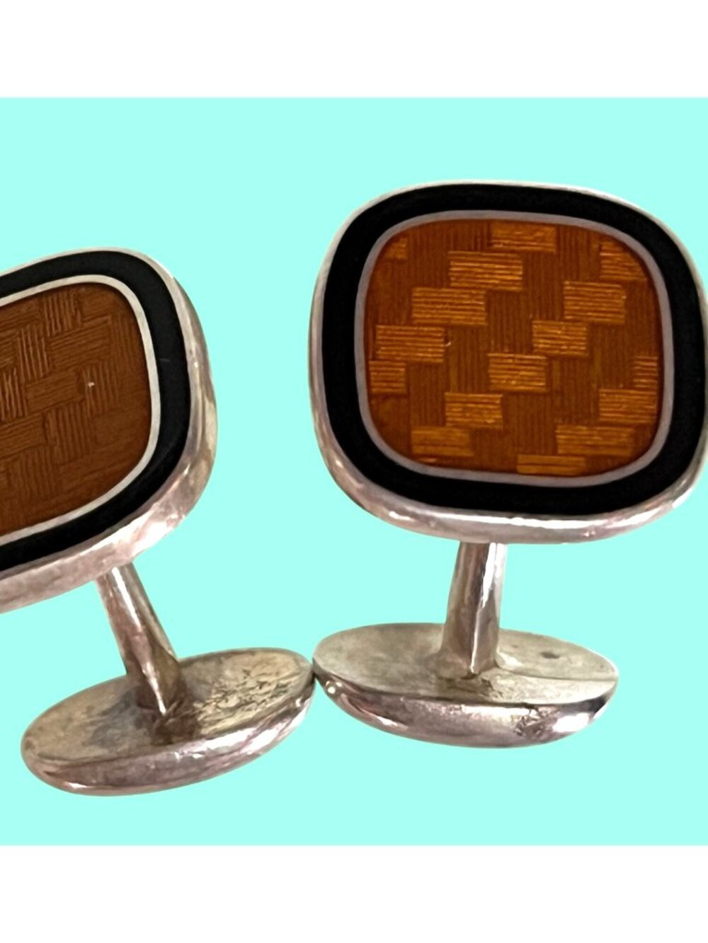 Sterling Silver Cufflinks With Geometric Amber-Colored Inlay & Black Border - Picture 3 of 6